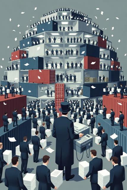 Before: containerized human bureaucracy moving paper inward