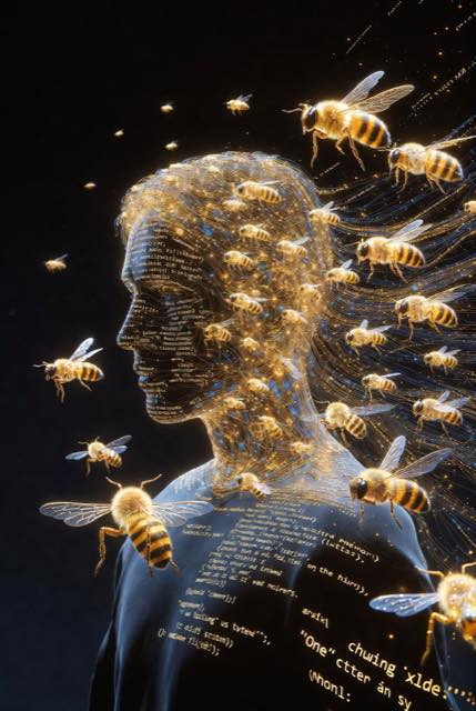 After: written human profile emitting bee-agents outward
